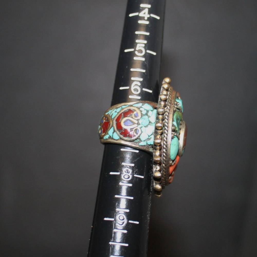Heavy 925 Zuni Navajo Spiny Oyster Coral Turquoise Cinnabar Native American Ring - Picture 8 of 12